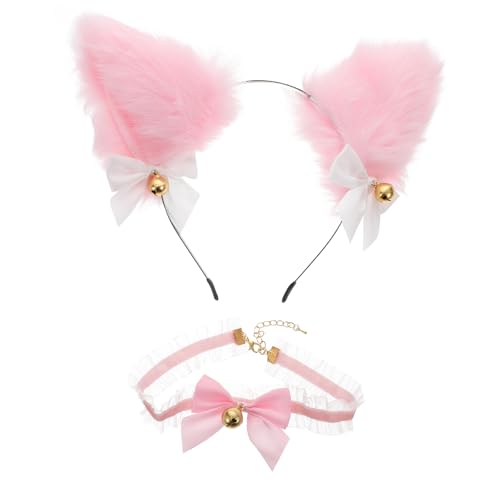 VERDANVERSE Katzenohren Stirnband mit Schleife und Glocke Plüsch Tierohren Haarreif Set für Frauen Mädchen Bequemes Cosplay Zubehör für Party und Verkleidung Süßes Lolita Design Rosa Weiß von VERDANVERSE