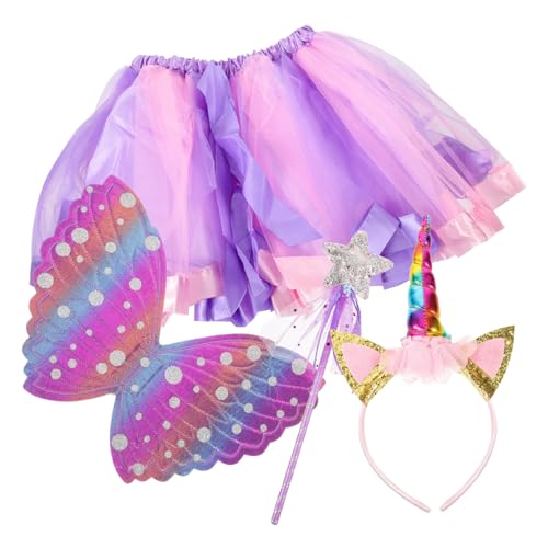 VERDANVERSE Mädchen Cosplay Kostüm mit Bunter Tüllrock Einhorn Stirnband Feenflügeln und Zauberstab Langlebiges Stoffmaterial Bühnenkostüm für Partys und Festlichkeiten Komfortabel und von VERDANVERSE