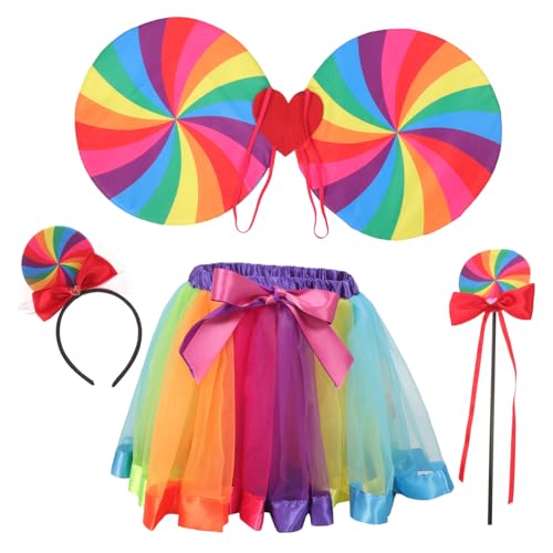 VERDANVERSE Regenbogen Cosplay Teilig mit Tüllrock Flügeln Zauberstab und Regenbogen Haarreif für Mädchen Leichtes und Langlebiges Party Kostüm Zubehör für Fasching und Halloween von VERDANVERSE