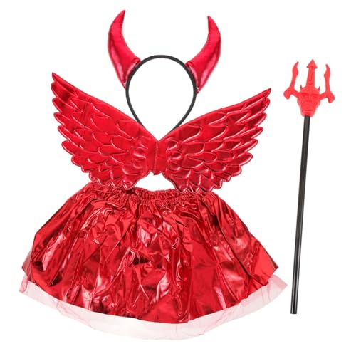VERDANVERSE Rotes Teufel Kostüm mit Hörner Haarreif Netzrock Teufelsflügel und Dreizinke Bequemes Party Cosplay Zubehör für Halloween Karneval und Festliche Verkleidung von VERDANVERSE