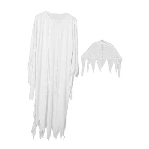 VERDANVERSE Weißes Gespensterkleid mit Hut für Halloween Atmungsaktives Cosplay Outfit für Bühnenaufführungen von VERDANVERSE
