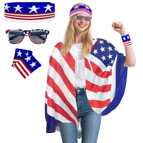 VERONLY 4. Juli Umhang mit amerikanischer Flagge, Halloween, USA-Outfits, Sonnenbrille, USA-Flagge, farbiges Stirnband, patriotisches Zubehör (Damen) von VERONLY