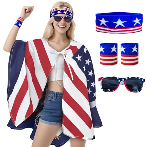 VERONLY Umhang mit amerikanischer Flagge, 4. Juli Outfits für Frauen, Unabhängigkeitstag Dekoration mit patriotischen Armbändern, USA-Sonnenbrille, Stern-Stirnband, 80er-Jahre Zubehör für Damen und VERONLY Umhang mit amerikanischer Flagge, 4. Juli Outfits für Frauen, Unabhängigkeitstag Dekoration mit patriotischen Armbändern, USA-Sonnenbrille, Stern-Stirnband, 80er-Jahre Zubehör für Damen und von VERONLY
