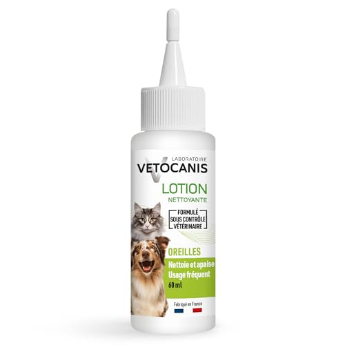 Vetocanis | Ohrenreiniger für Hund und Katze 60ML | Feuchttücher zur Fellpflege Hund und Katze | Ohrenreiniger Hund | Katzen- und Hundepfoten Reiniger | Packung mit 100 Tüchern von VETOCANIS