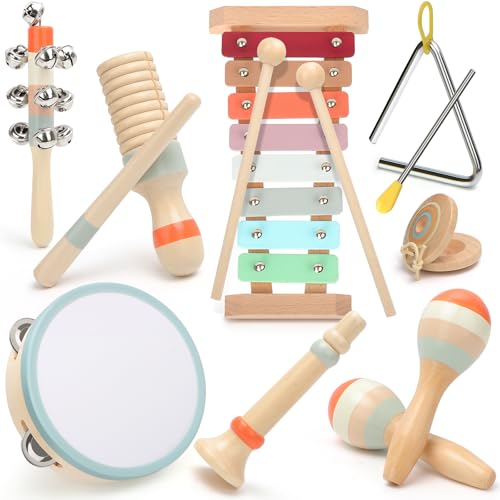 Musikinstrumente für Kinder, Kinderspielzeug ab 3 Jahre, Montessori Spielzeug, Holzspielzeug Baby Schlagzeug Kinder Trommel, Percussion-Instrumente Set, Geschenkideen für Jungen Mädchen 3+(9 in 1) von VEUWOLM