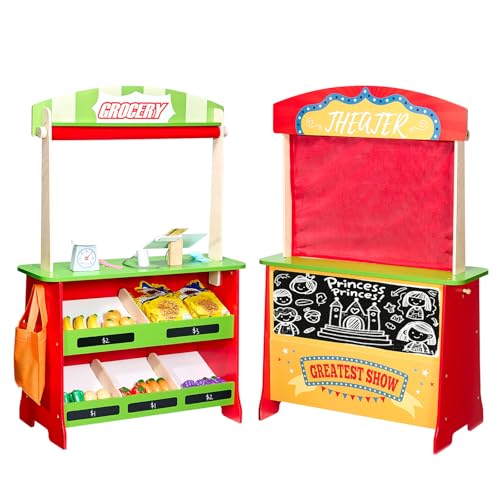 VEVOR 2-in-1 Spielset Puppentheater aus Holz mit Vorhängen, Kaufmannsladen, doppelseitiges Holzspiel mit Tafel und Registrierkasse, Marktstand zum Rollenspiel für Kinder ab 3 Jahren VEVOR 2-in-1 Spielset Puppentheater aus Holz mit Vorhängen, Kaufmannsladen, doppelseitiges Holzspiel mit Tafel und Registrierkasse, Marktstand zum Rollenspiel für Kinder ab 3 Jahren von VEVOR