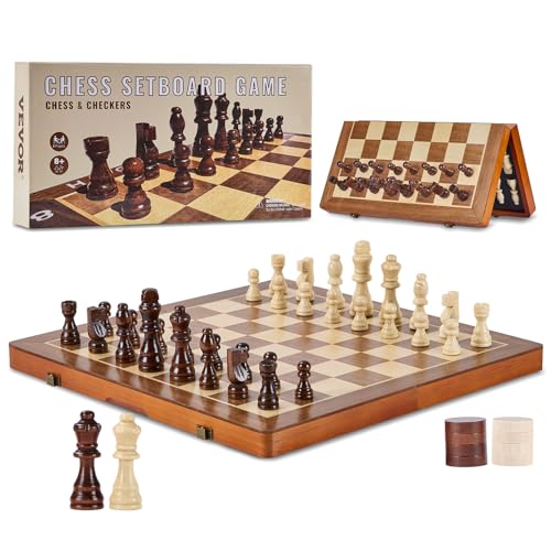 VEVOR 38,1 cm magnetisches Holzschach-Set, 2-in-1 faltbares Schach- und Damespiel für Erwachsene und Kinder, tragbares Reiseschach-Set mit 2 Königinnen, ideal für Turniere, Profis und Anfänger von VEVOR