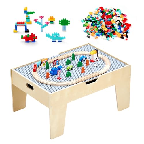 VEVOR Aktivitätstisch, 290 Bausteine und 30-teiliges Holzeisenbahn-Set, Eisenbahn, Fahrzeuge, Gleise und Zubehör, Holz-Spieltisch für Kinder mit Ablagefläche für Kinder ab 3 Jahren von VEVOR