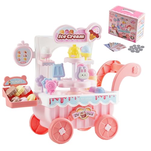 VEVOR Eiswagen, 27-teiliges Zubehör, Eisdiele aus PP, Aufbewahrungswagen mit Spielgeld, Ton- und Lichteffekten, Montessori-Lernspielzeug, Rollenspiel für Kleinkinder ab 3 Jahren (Pink) von VEVOR