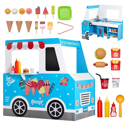 VEVOR Eiswagen für Kinder, über 20 Zubehörteile, Eisdiele aus Holz mit Lenkrad und Tafel, Zahlungsscanner und Gefrierschrank, Wasserhahn und Spüle, geeignet für Kinder von 3–7 Jahren, blau von VEVOR