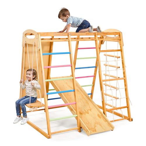 VEVOR Indoor Spielplatz Klettergerüst (7 in 1) aus Holz, 113 kg belastbares Montessori-Kletterspielzeug-Set mit Schaukel/Klettergerüst/Rutsche/Holzleiter/Strickleiter/Kletternetz/Fels von VEVOR