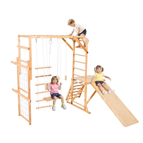 VEVOR Indoor Spielplatz Klettergerüst (8 in 1), 100 kg belastbares Montessori-Kletterspielzeug-Set mit Rutschen/Schaukeln/Klettergerüst/Turnringen/Holz-/Strickleiter/Kletternetz/Stange von VEVOR
