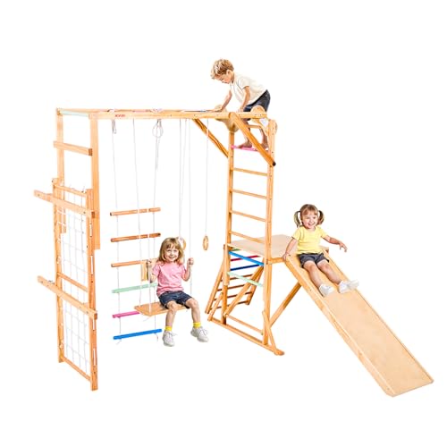 VEVOR Indoor Spielplatz Klettergerüst (8 in 1) aus Holz, 100 kg belastbares Montessori-Kletterspielzeug-Set mit Schaukeln/Klettergerüst/Rutschen/Holzleiter/Strickleiter/Kletternetz/Stange von VEVOR