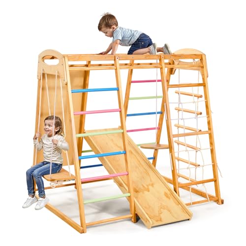 VEVOR Indoor Spielplatz Klettergerüst (9 in 1) aus Holz, 113 kg belastbares Montessori-Kletterspielzeug-Set mit Schaukeln/Klettergerüst/Rutsche/Holzleiter/Strickleiter/Kletternetz/Fels/Stange/Seil von VEVOR
