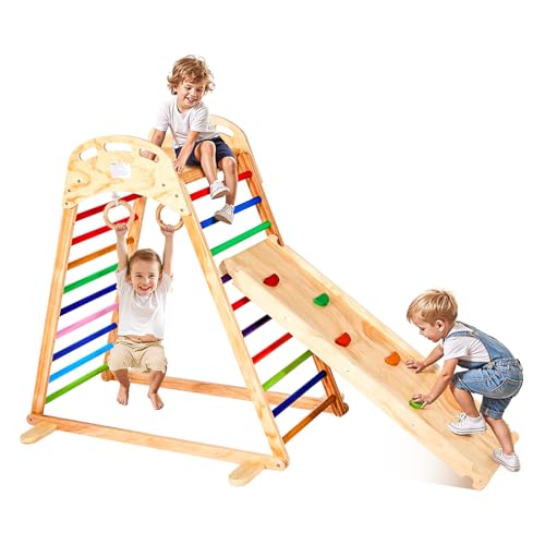 VEVOR Indoor Spielplatz Klettergerüst Set (4 in 1) aus Holz, 100 kg belastbares Montessori-Kletterspielzeug-Set mit Kletterfelsen/Rutsche/Holzleiter/Turnringen Bunt von VEVOR