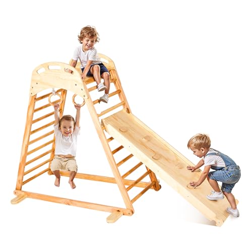 VEVOR Indoor Spielplatz Klettergerüst Set (4 in 1) aus Holz, 100 kg belastbares Montessori-Kletterspielzeug-Set mit Kletterfelsen/Rutsche/Holzleiter/Turnringen Holzfarbe von VEVOR