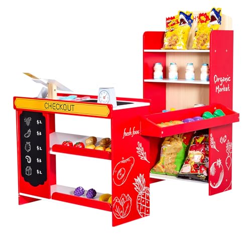 VEVOR Kinder-Lebensmittelladen-Spielset, Holz-Spielladen mit Einkaufstasche,Scanner, Registrierkasse, Obst und Gemüse von VEVOR