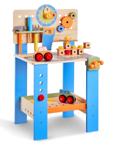 VEVOR Kinder Werkbank, 62-teilig, Holz-Werkzeugbank für Kinder ab 3 Jahren, Spielwerkzeuge Bauwerkzeuge mit realistischen Werkzeugen, Bauspielzeug-Set, kreatives und lehrreiches Konstruktionsspielzeug von VEVOR