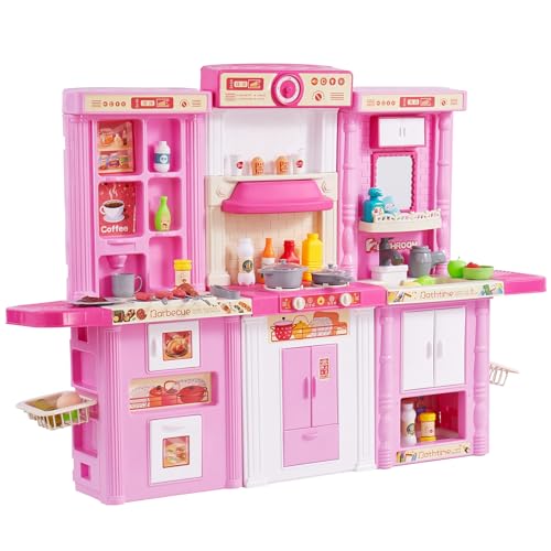 VEVOR Kinderküchen-Spielset, 3-in-1-Kleinkinderküche mit simuliertem Sprühnebel, Geräuschen & Lichtern, Spielküchenset mit 74-teiligem Kochzubehörset für Kinder im Alter von 3–8 Jahren, pink von VEVOR