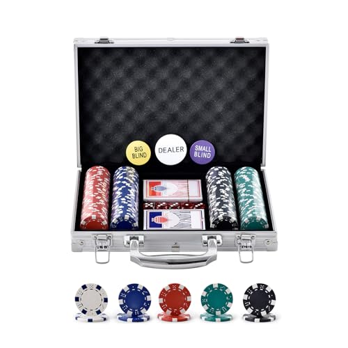VEVOR Kunststoff Pokerchip-Set, 200-teiliges Pokerset Ungekennzeichnet, Pokerspielset mit Alu-Pokerkoffer, Karten, Knöpfe und Würfel, Komplett Set 6-7 Spieler für Texas Hold'em, Blackjack usw. von VEVOR