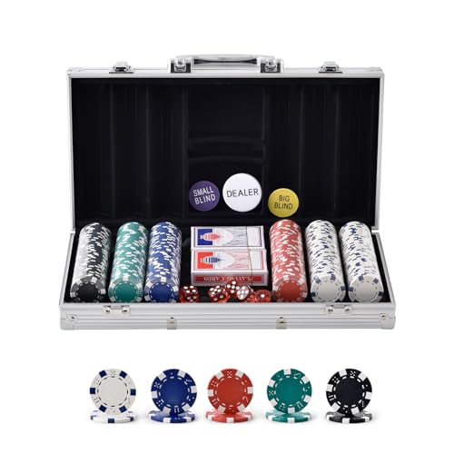 VEVOR Kunststoff Pokerchip-Set, 300-teiliges Pokerset Ungekennzeichnet, Pokerspielset mit Alu-Pokerkoffer, Karten, Knöpfe und Würfel, Komplett Set 7-8 Spieler für Texas Hold'em, Blackjack, usw. von VEVOR