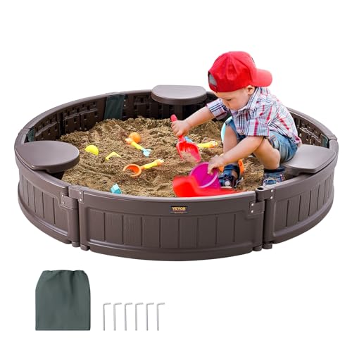 VEVOR Sandkasten mit Abdeckung, runder Sandkasten, HDPE-Sandgrube mit 3 Ecksitzen & Bodenauskleidung, Kindersandkasten für Garten, Strand, für Jungen & Mädchen im Alter von 3–12 Jahren, braun von VEVOR