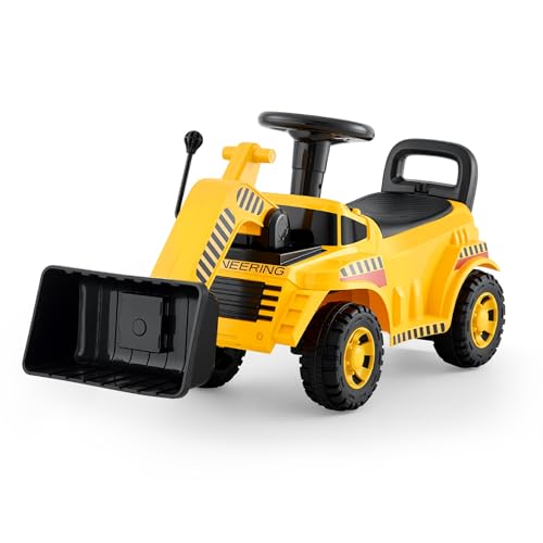 VEVOR Sitzbagger, Kinderbagger, Bagger-Bulldozer-Spielzeug mit Kippschutz und Stauraum unter dem Sitz, Aufsitzbagger 25 kg Tragkraft, Lauflernhilfe für Kleinkinder von 19 bis 36 Monaten, Gelb von VEVOR