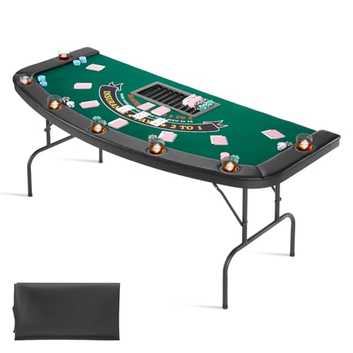 VEVOR klappbarer Pokertisch für 7 Spieler (183 cm) Kasino-Freizeittisch mit gepolsterten Schienen & Getränkehaltern, Halbovale tragbare Spieltische mit Filz- und Metallbeinen, Texas Hold’em Poker von VEVOR