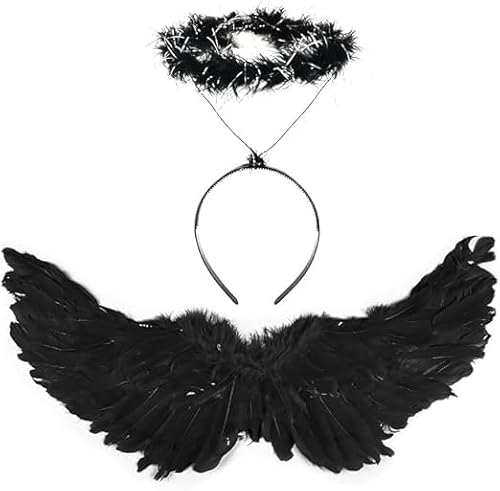 VEYLIN Halloween 60CM Engelsflügel Schwarz mit Heiligenschein,Engel Flügel,Federflügel Engel,Engels Flügel Kostüm,Engel Flügel für Damen und Mädchen,Party Fasching Kostüme Deko,Kostümparty Verkleidung von VEYLIN