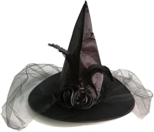 VEYLIN Hexenhut für Halloween, Schwarzer Zauberhut mit Federn und Netz, Hexen-Kostümzubehör für Damen von VEYLIN
