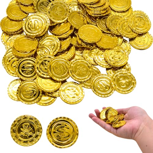 VEghee Goldmünzen Piratenschatz, 100 Stück Piraten Goldmünzen, Gold Taler, Goldmünzen Deko, Goldmünzen Kinder, für Piraten Party Kindergeburtstag Dekoration von VEghee