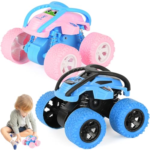 VEghee Monster Truck Toy Car,Pack of 2 Monster Truck Wind-Up Car,360° Rotation Inertia Vehicle,Car Toy for Baby Children from 3 Years (Pink & Blue) von VEghee