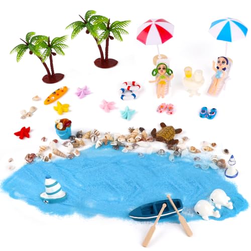 VFANDV 33 Stück Strand-Mikrolandschaft, Miniatur Deko Miniliegestuhl Strandkorb Kleine Palme Deko Miniatur Ornament Set Sommerliche Garten Deko Miniatur Set für DIY Garten Dekoration von VFANDV