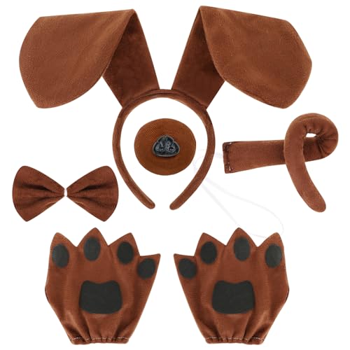 VGMANNTA 5 tlg Hundekostüm Welpen Zubehör Tierkostüm Erwachsene Welpen Hund Stirnband Ohren Schwanz Hunde Fliege Falscher Nase Welpen Pfote Handschuhe für Erwachsene Kinder Halloween Cosplay Party von VGMANNTA