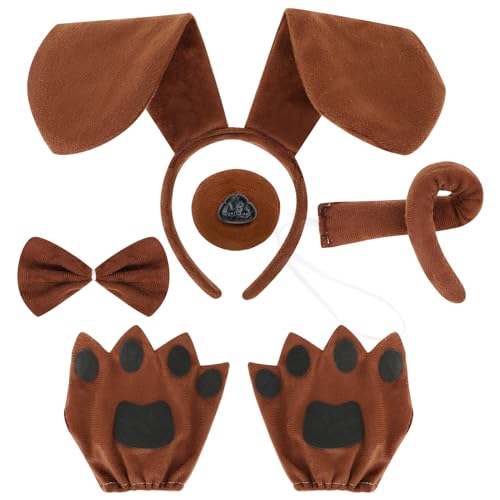 VGMANNTA 5 tlg Hundekostüm Welpen Zubehör Tierkostüm Erwachsene Hund Stirnband Ohren Schwanz Hunde Fliege Falscher Nase Pfote Handschuhe für Kinder Halloween Cosplay Party, Brown von VGMANNTA
