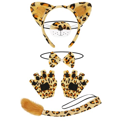 VGMANNTA 6 Stück Leoparden Kostüm Set Damen Ohren Leopard Schwanz Nase Klauenhandschuhe Fliege Leoparden Kostüm Kinder für Fasching Karneval Party Animals Cosplay von VGMANNTA