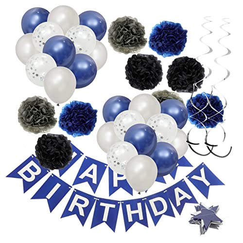 VICASKY 1 Satz Geburtstagsbanner Luftballons Blaue Blumen Aus Seidenpapier Alles Zum Geburtstag-banner Blau Alles Zum Geburtstag-banner Blaues Kind Emulsion Ziehen Sie Die Flagge von VICASKY