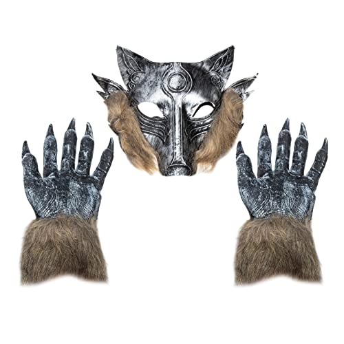 VICASKY 1 Satz Halloween Wolfkopfmütze mit Krallenhandschuhen Realistische Tiermaske für Kostüm Karneval und Halloween Feiern Teiliges für Erwachsene von VICASKY
