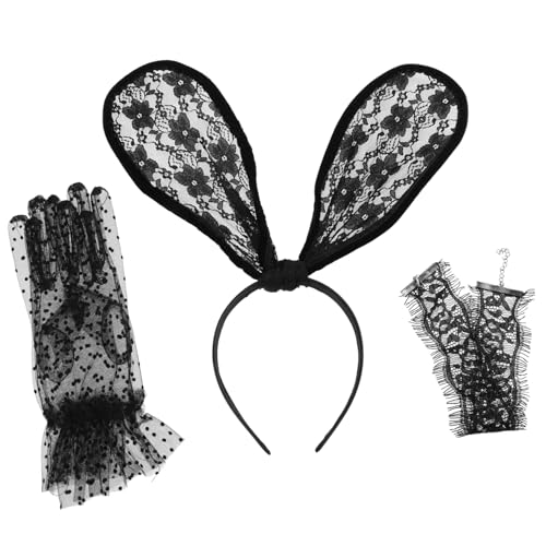 VICASKY 1 Satz Kostüm Hasenohren Haarband Kaninchenohren Stirnband Haarbänder Zubehör Häschenohr-haarband Aus Spitze Interessantes Haarband Mit Hasenohren Frauen Handschuhe Abs Black von VICASKY