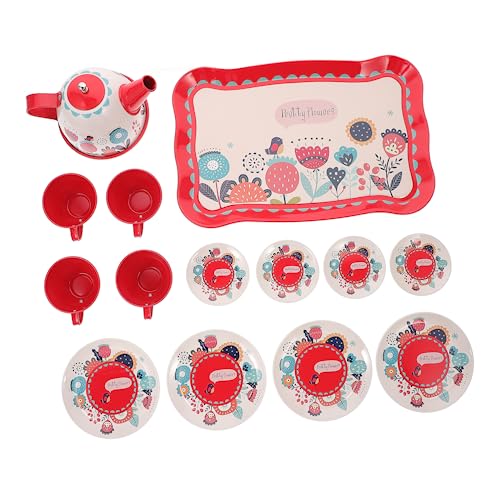 VICASKY 1 Satz Nachmittagstee Kinderspielzeug Cartoon-Muster Vortäuschen Spielset Mädchen Nachmittagstee Spielset Aus Metall Weißblech Rot von VICASKY