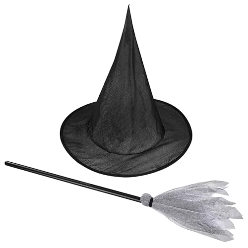 VICASKY 1 Set Halloween-Hexenhut und Besen, Kinder Hexenkostüm Zubehör, Kunststoff-Besen und Oxford-Stoff-Hut, Party-Dekoration von VICASKY