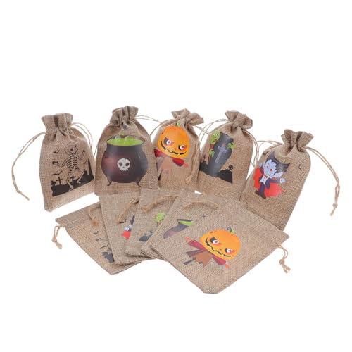 VICASKY 10 Stück Teiliges Halloween Geschenktüten Mittelgroße Robuste Jutebeutel mit Kordelzug Bedruckt mit Halloween Motiven Süßigkeiten und Snackbeutel für Party und Trick Treating von VICASKY