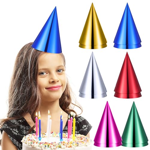 VICASKY 12 Stück Metallic Partyhüte für Kindergeburtstage Bunte Papierhüte Gold Silber Rot Grün Blau und Leichte Bequeme Partydekoration für Unvergessliche Feiern von VICASKY