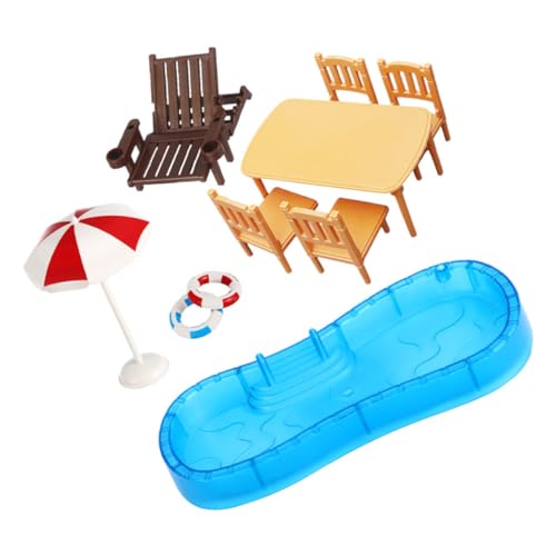 VICASKY 2 Sätze Miniatur Puppenhaus Strand mit Schwimmbecken Schwimmring Strandstuhl Sonnenschirm und Tisch Leicht Montierbar für DIY Puppenhaus Zubehör und Kreative Spielwelten von VICASKY