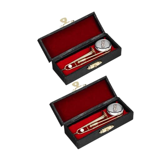 VICASKY 2 Sätze Miniaturposaune Metallmodell mit Ständer und Schwarzer Box Mini Trombone Toy für Puppenhaus Dekoration Geschenkset für Musiklehrer und Sammler Detailgetreue Musikinstrument von VICASKY