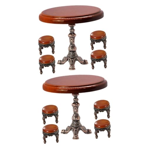VICASKY 2 Sätze Vintage Puppenhauszubehör Möbel Beistelltisch Stühle Esstisch Modell Mini- Runder Tisch Mini-Tisch Mini-hocker Puppenzubehör Holz Dekorationen Miniatur von VICASKY
