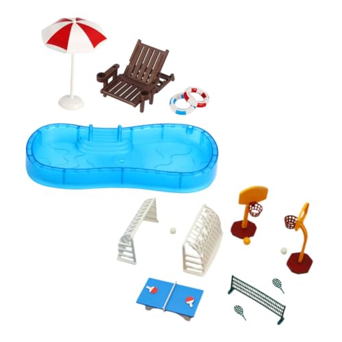 VICASKY 2 Satz Puppenhaus Pool Zubehör und Sportgeräte Miniatur Strandmöbel mit Schwimmring Strandstuhl Sonnenschirm und Basketballkorb Realistisches Spielset für DIY Feengarten und von VICASKY