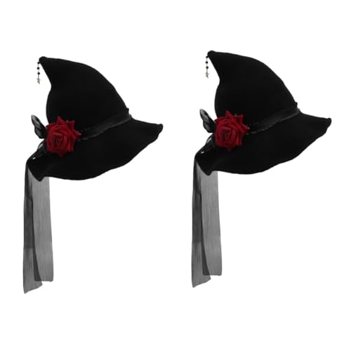VICASKY 2 Stück Spitzen Hexenhut mit Großem Rand und Rosenschleife Schwarzer Party Hexenhut für Halloween Masquerade Cosplay Leichtes Stoffmaterial für Kostüm und Festliche Anlässe von VICASKY