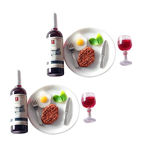 VICASKY 2Sätze Rotwein Steak Teiliges Puppenhaus Küchenzubehör Realistische Dekoration für Mikrolandschaften und Mini Häuser für DIY Projekte und Foto Requisiten von VICASKY