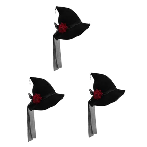 VICASKY 3 Stück Schwarzer Hexenhut mit Rosenblüte und Großer Schleife Leichter Stoffhut für Halloween Cosplay Party und Maskerade Elegantes Design für Damen und Gruppenfotos von VICASKY